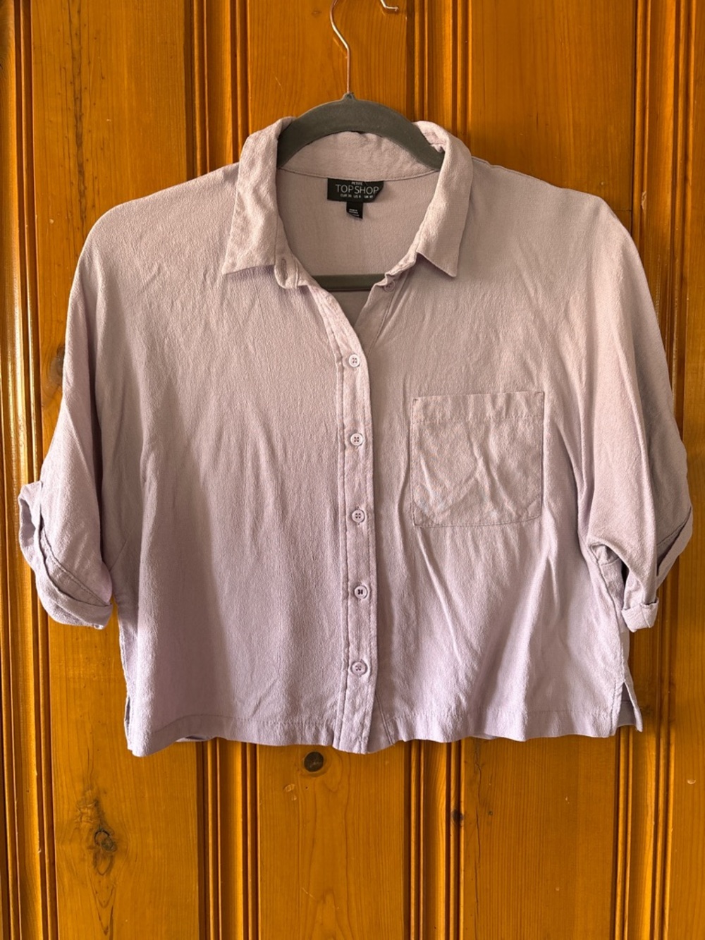 TOP SHOP Button Down Crop Short Sleeve Textured Top Sz 6P Lilac Mauve